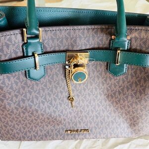 MICHAEL Michael Kors Brown Monogram Tote with Green Trim and Gold Hardware
